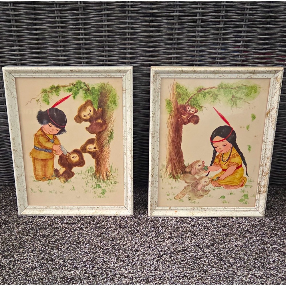 Vintage Set of 2 Native American Pictures White Distressed Wood 8x10 Art Decor